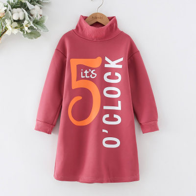 Kid Girl Letter and Number Printed Turtle Neck Fleece-lined Long Sleeve Dress