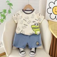 New style boy summer short-sleeved suit fashionable baby print dinosaur summer clothes children's denim two-piece suit  White