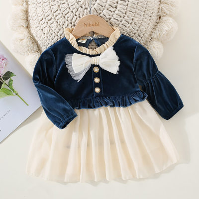 Toddler Girl Color-block Patchwork Ruffled Neck Bowknot Bead Decor Long Sleeve Dress