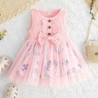 Baby Girl Cute Floral Rabbit Pattern Mesh Sleeveless Dress  Pink