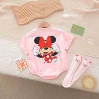 Newborn baby short-sleeved bodysuit for boys and girls with cartoon prints triangle crawling clothes for infants and young children short-sleeved outdoor romper  Pink