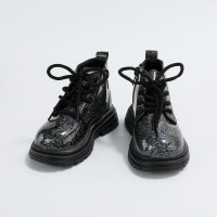 حذاء مارتن برقبة عالية بلون خالص للفتيات الصغيرات  أسود