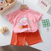 New baby short-sleeved T-shirt two-piece set pure cotton summer children's half-sleeved sweatshirt home clothes suit  Pink
