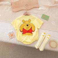Newborn baby short-sleeved bodysuit for boys and girls with cartoon prints triangle crawling clothes for infants and young children short-sleeved outdoor romper  Yellow