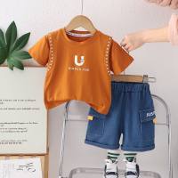Meninos roupas de verão conjunto 2024 novas crianças roupas de verão alfabeto bebê verão manga curta conjunto de duas peças  laranja