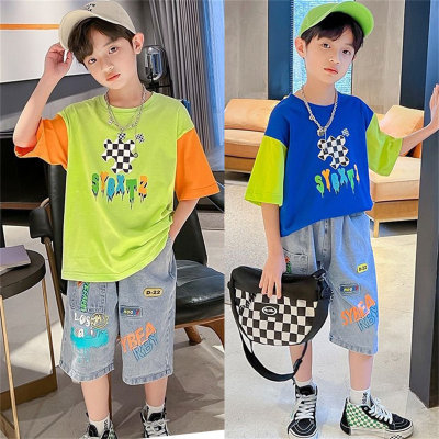 Children's clothing cartoon pattern summer suits for middle and large children short-sleeved jeans two-piece suits trendy handsome boys