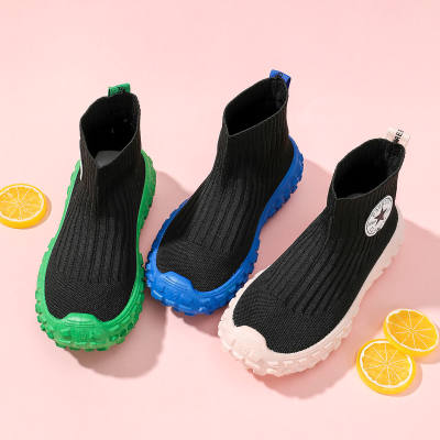 Kid Girl Color-block Letter Striped Stretch Knit Sneakers