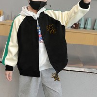 2-piece Kid Boy Color-block Letter Printed Zip-up Jacket & Matching Pants  Black