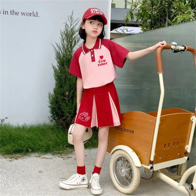 Meninas terno de verão saia média e grande crianças de manga curta gola polo top saia curta estilo chinês moda infantil terno de duas peças feminino