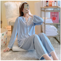 Koreanische Version des minimalistischen, einfarbigen Pyjamas mit langen Ärmeln für Damen im Frühling und Herbst, mit locker sitzender Milchseide für Damen-Hauskleidung  Blau