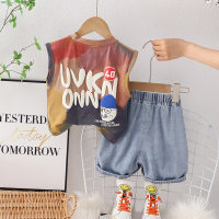 2023 summer new style boys vest suit for children and middle-aged children summer colorful graffiti sleeveless clothes baby children's clothing trendy  Brown