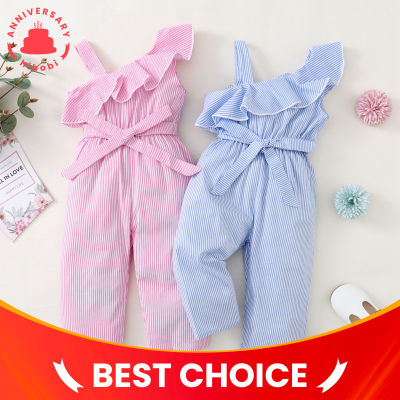 Toddler Girl Bowknot Decor Striped One-shoulder Overalls