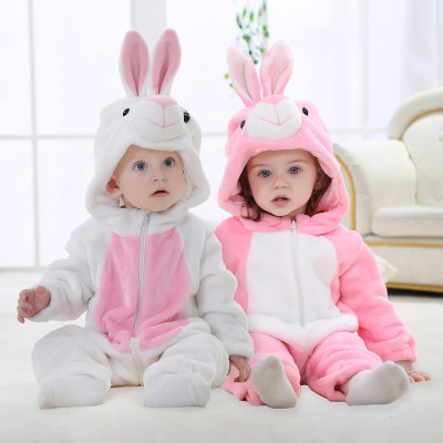 Brother and Sister Flannel Color-block Patchwork Rabbit Style Hooded Zip-up Long-sleeved Long-leg Romper