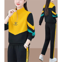 2PCS sports suit loose large size stand collar casual running suit two-piece suit  Yellow