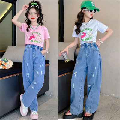 Traje de jeans de conejito para niñas, traje de dos piezas para niñas, ropa de verano para estudiantes, combina con todo