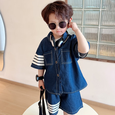 Boys suit navy striped denim shirt and shorts 24 summer clothes new foreign trade children's clothing drop shipping 3-8 years old