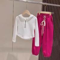 Meninas primavera e outono terno moda meninas esportes zíper camisola calças  Rosa