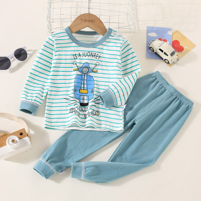 2-piece Toddler Boy Pure Cotton Striped Letter and Bear Printed Long Sleeve Top & Solid Color Pants