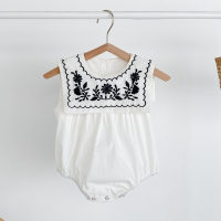 ins summer thin baby sleeveless vest bag fart clothing baby girl embroidered square collar navy style jumpsuit  White
