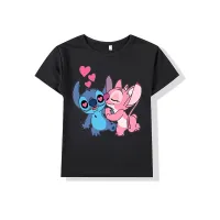 Lilo & Stitch Stitch Kinderkleidung mit Cartoon-Musterdruck für Kinder mittleren und älteren Alters, kurzärmeliges T-Shirt mit Rundhalsausschnitt  Schwarz