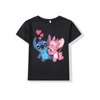 Lilo & Stitch Stitch-ropa con estampado de dibujos animados para niños, camiseta de manga corta con cuello redondo para niños de mediana y mayor edad  Negro