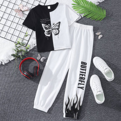 2-piece Kid Girl Color-block Butterfly Printed Short Sleeve T-shirt & Letter Printed Pants