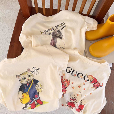 Niedliches Baby-Cartoon-Muster-Top-Shirt für Kinder aus reiner Baumwolle, kurzärmeliges T-Shirt im neuen Stil 2024 für Jungen und Mädchen im Sommer