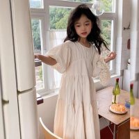 Girls Puff Sleeve Dress 2024 Spring and Summer New Children's Princess Skirt Fashionable Cute Sweet Puff Skirt  White