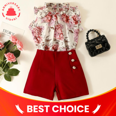 Blusa floral elegante sem mangas para criança e calça com botões frontais