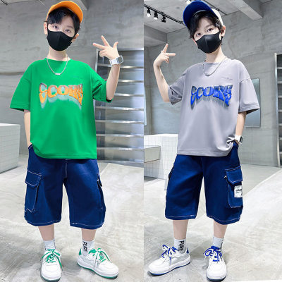 New style medium and large boy suits summer fashionable children handsome children's clothing two-piece suit