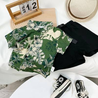 Children's summer vacation style suit short-sleeved printed Hong Kong style shirt boy summer lapel cardigan + casual shorts