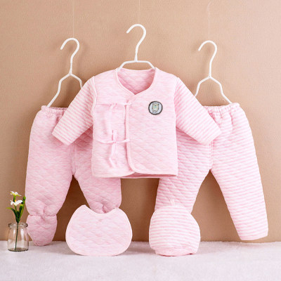 5-piece Infant Baby 100% Cotton Seamless Quilted Bodysuit Button-up Top & (Footed) Pants & Bib & Hat Set