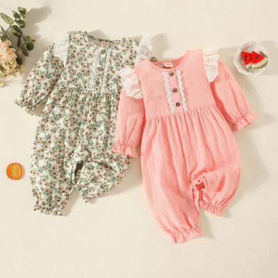 Baby Floral All Over Printing Lace Ruffle Decor Pink Long Sleeve Jumpsuit