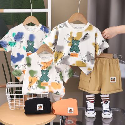 Boys summer suits 2024 new children's casual clothes contrasting color printing baby boy summer short-sleeved two-piece suit