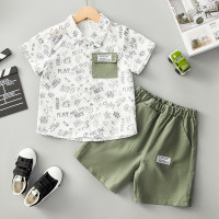 Boys' trendy fun graffiti graphics short-sleeve shirt and shorts set  Green