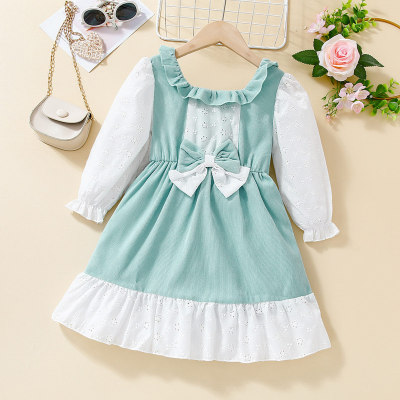 Toddler Color-block Bowknot Decor Square Neck Puff Sleeve Dress