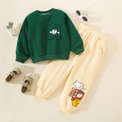 Suéter y pantalones de chándal estampados de oso conejo de color sólido para niños pequeños