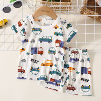 2-piece Toddler Boy Allover Vehicle Printed Short Sleeve Top & Matching Shorts  White