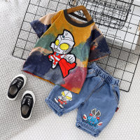 Ultraman Clothes Boys Summer Suit 2023 New Fashionable Baby Children's Cool and Handsome Street Short-Sleeved Children's Clothes Trendy  Coffee
