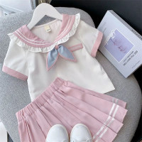 Girls' preppy style suits summer new shirt pleated skirt two-piece suit  Pink