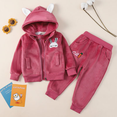 3-piece Toddler Girls Solid Color Rabbit Applique Top & Hooded Zipper Jacket & Matching Pants