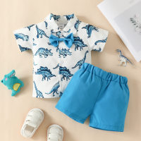 Infant boy short-sleeved lapel T-shirt top shorts suit baby boy dinosaur single-breasted gentleman's top shorts  Blue