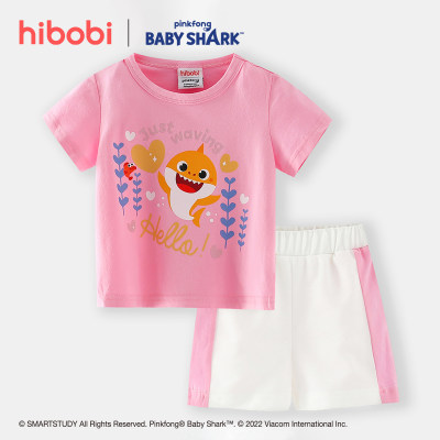 بدلة hibobi x Baby Shark للفتيات الصغيرات بطباعة لطيفة من القطن بلون مغاير