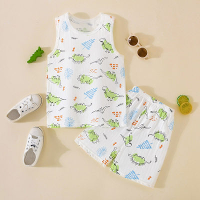 2-piece Toddler Boy Pure Cotton Allover Dinoaur Printed Vest & Matching Shorts