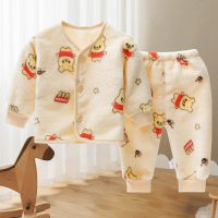 2 Pieces Baby Clothes Warm Flannel Cute Pentagram Bear Pattern Pajamas Set for Autumn and Winter  Yellow