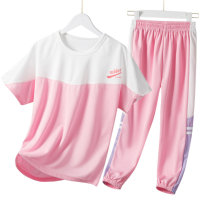 Girls' fashionable mesh breathable sports suit with contrasting letters and short-sleeved trousers, two-piece suit  Pink