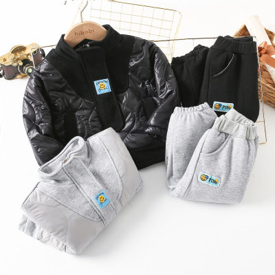 2-piece Toddler Boy Solid Color Patchwork Stand Up Collar Fleece-lined Jacket & Matching Pants