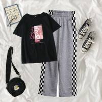 Girls summer clothes, medium and large children's wide-leg pants, casual short-sleeved T-shirt two-piece suit  Black
