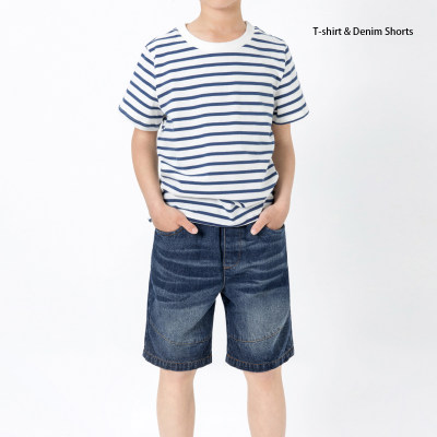Camiseta infantil de manga curta listrada de algodão puro de 2 peças e shorts jeans