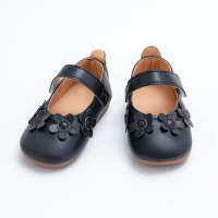 Zapatos planos de velcro con decoración de flores de color sólido para niña pequeña  Negro